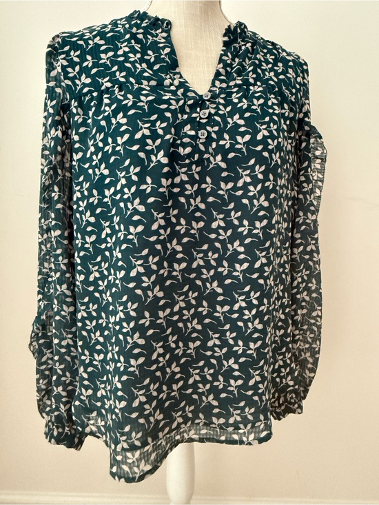 LOFT Tops - LOFT Teal Leaf-Print Button Henley Blouse